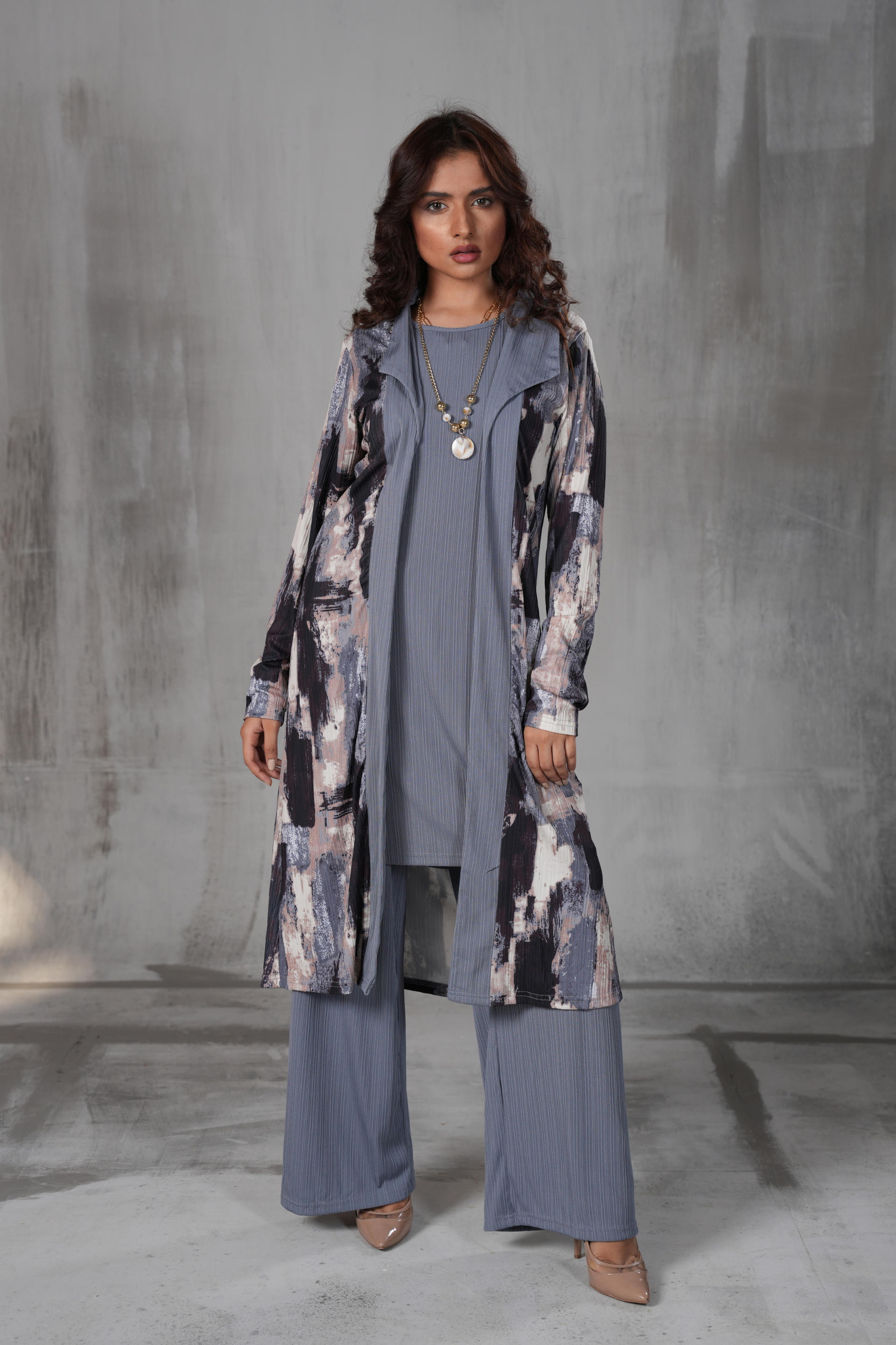 Elegant Pleated 3-Piece Co-ord Set with Abstract Gown