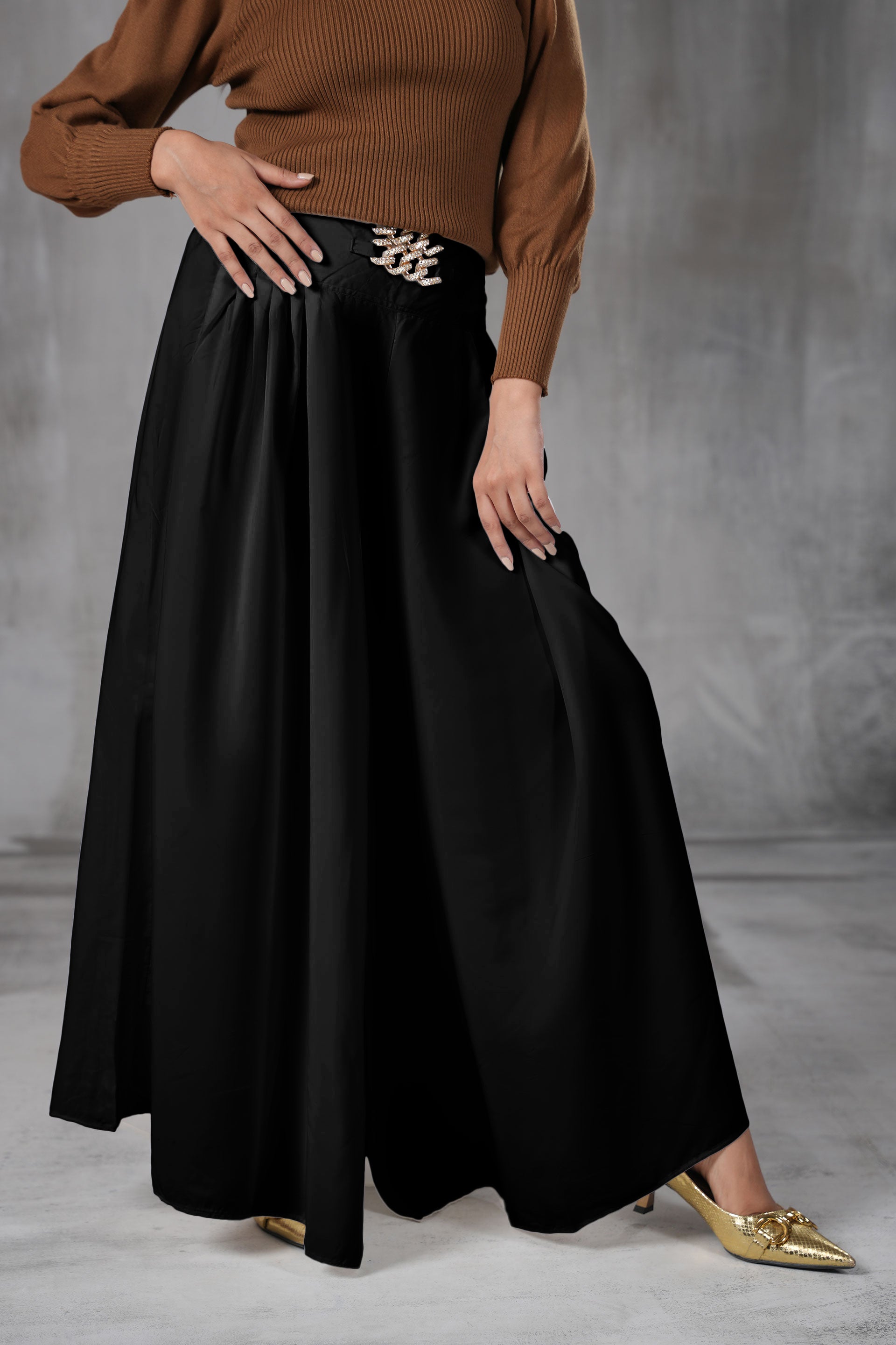 Premium Silk-Feel Palazzo Trousers with Embellished Waist