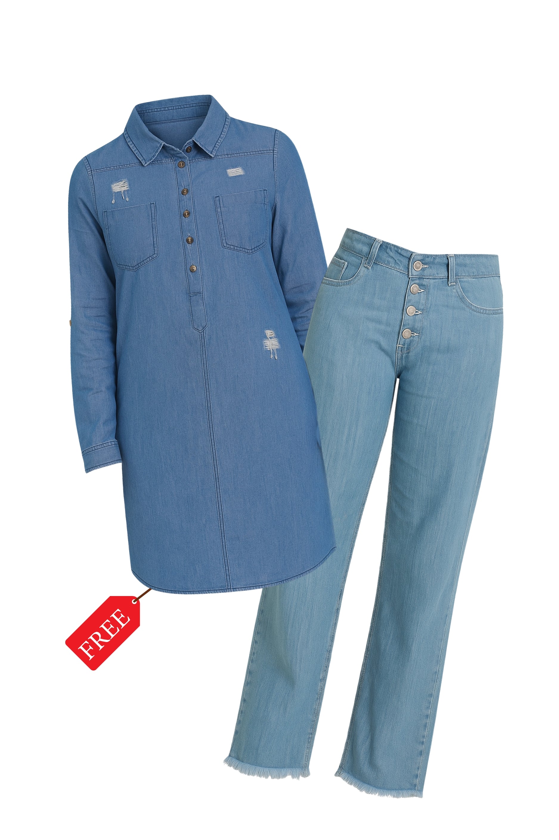 Button Flare Bell Bottom Denim Jean ๐ Free Shirt