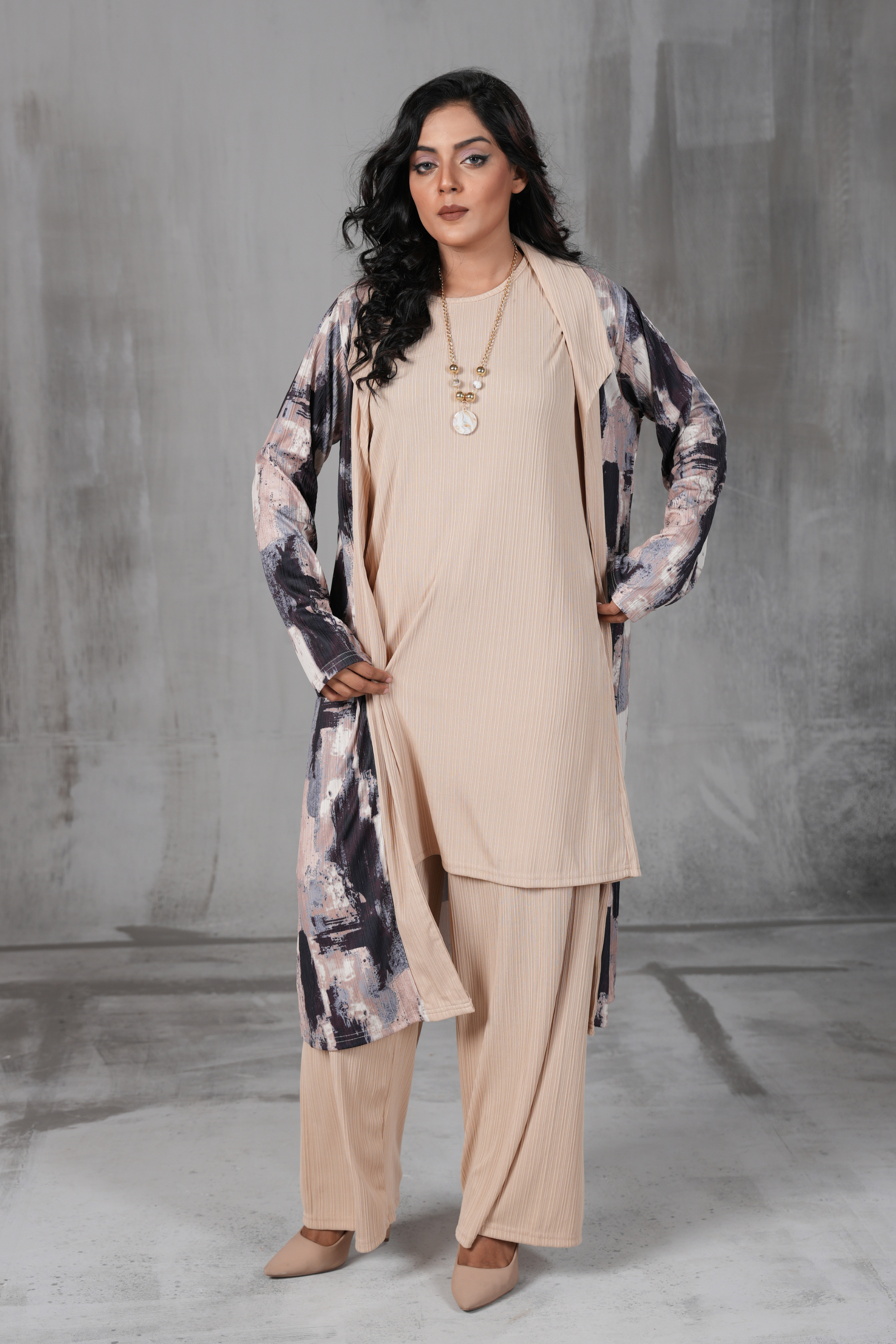 Elegant Pleated 3-Piece Co-ord Set with Abstract Gown