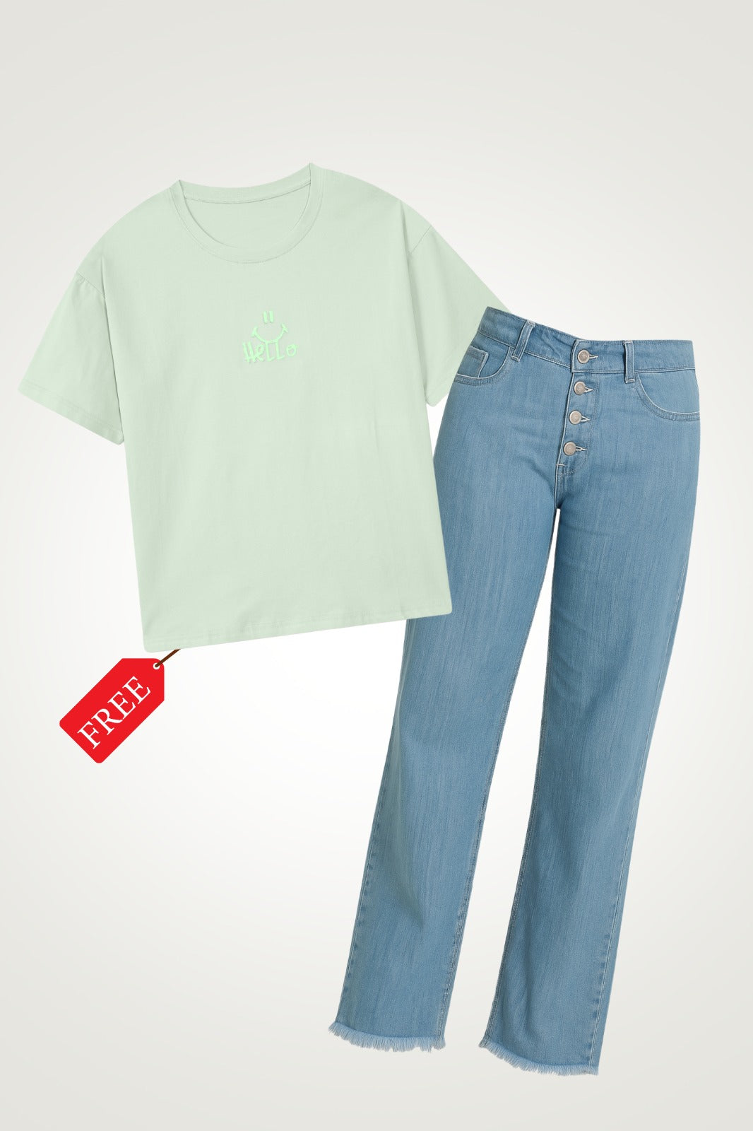 Button Flare Bell Bottom Denim Jean Blue With Free Shirt 🎁