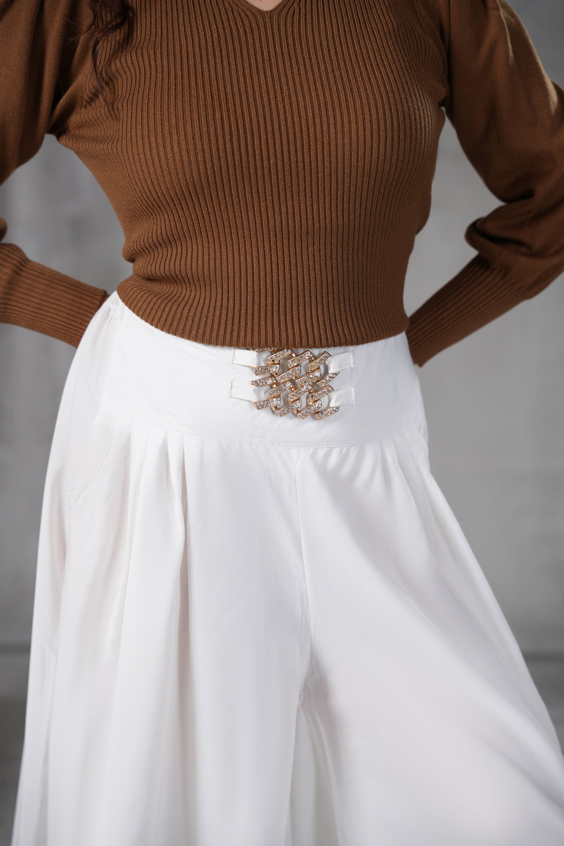 Premium Silk-Feel Palazzo Trousers with Embellished Waist