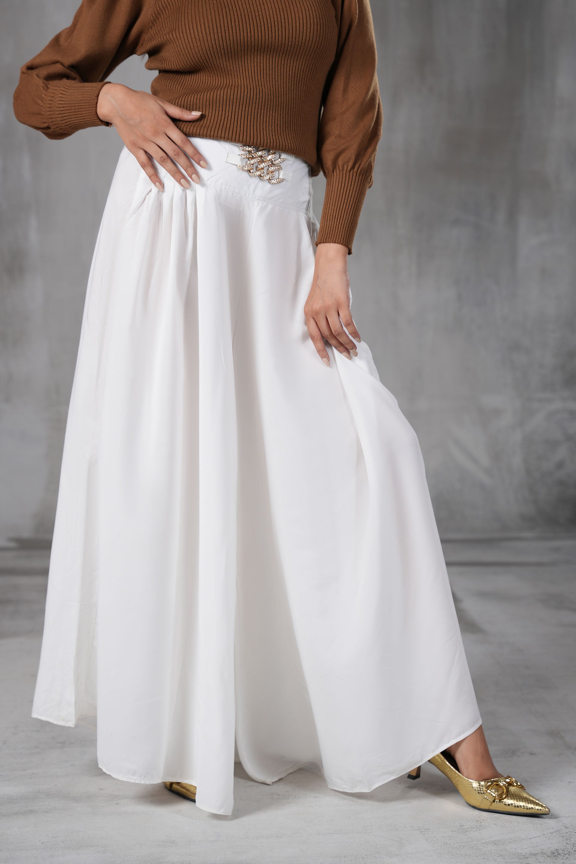 Premium Silk-Feel Palazzo Trousers with Embellished Waist