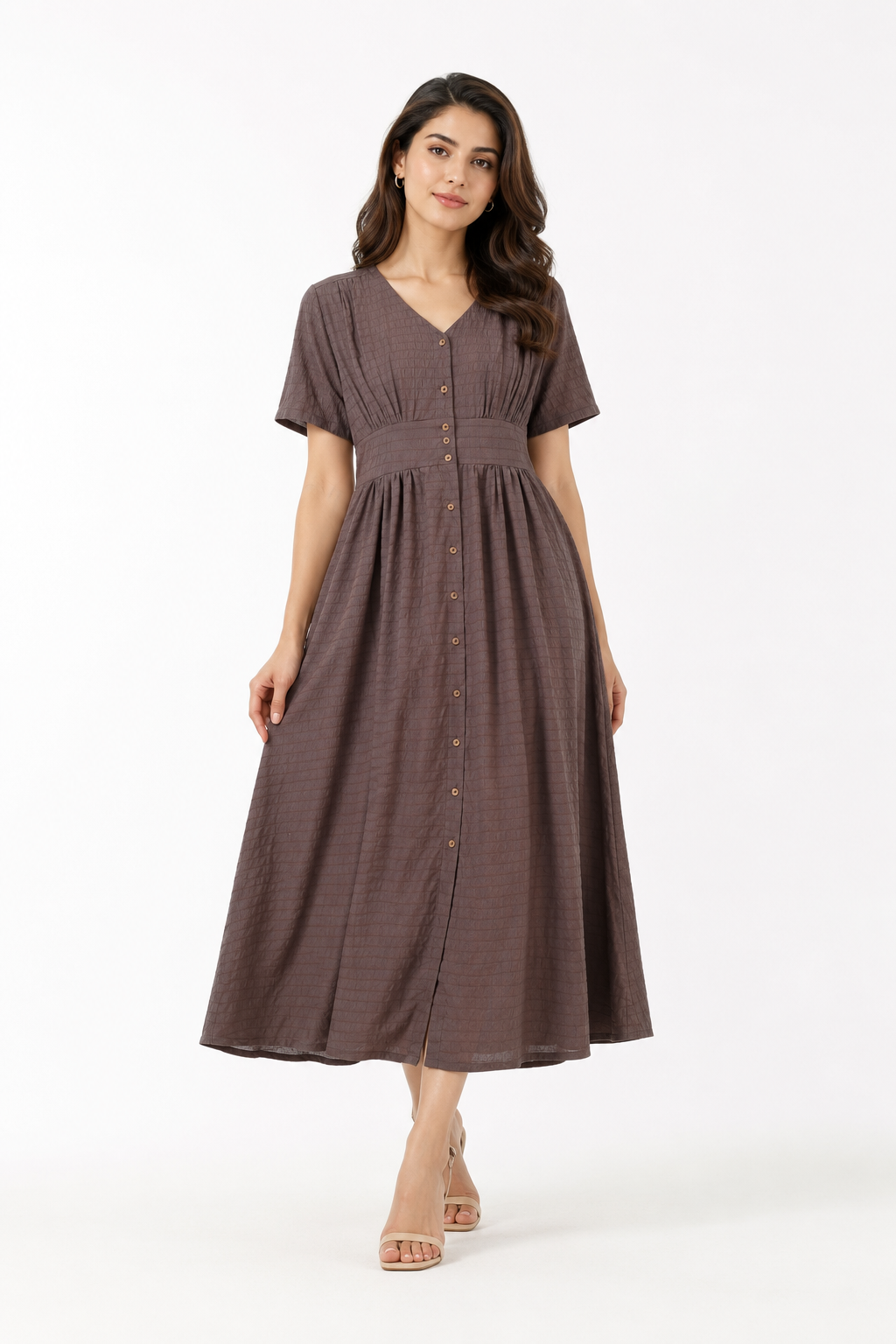 Textured V-Neck Smocked Maxi Dress