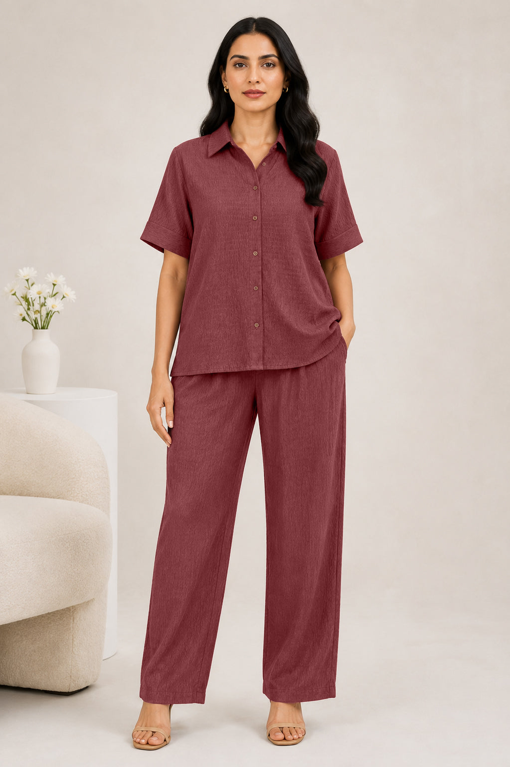 Cotton-Polyester Blend Relaxed Fit 2-Piece Co-ord Set