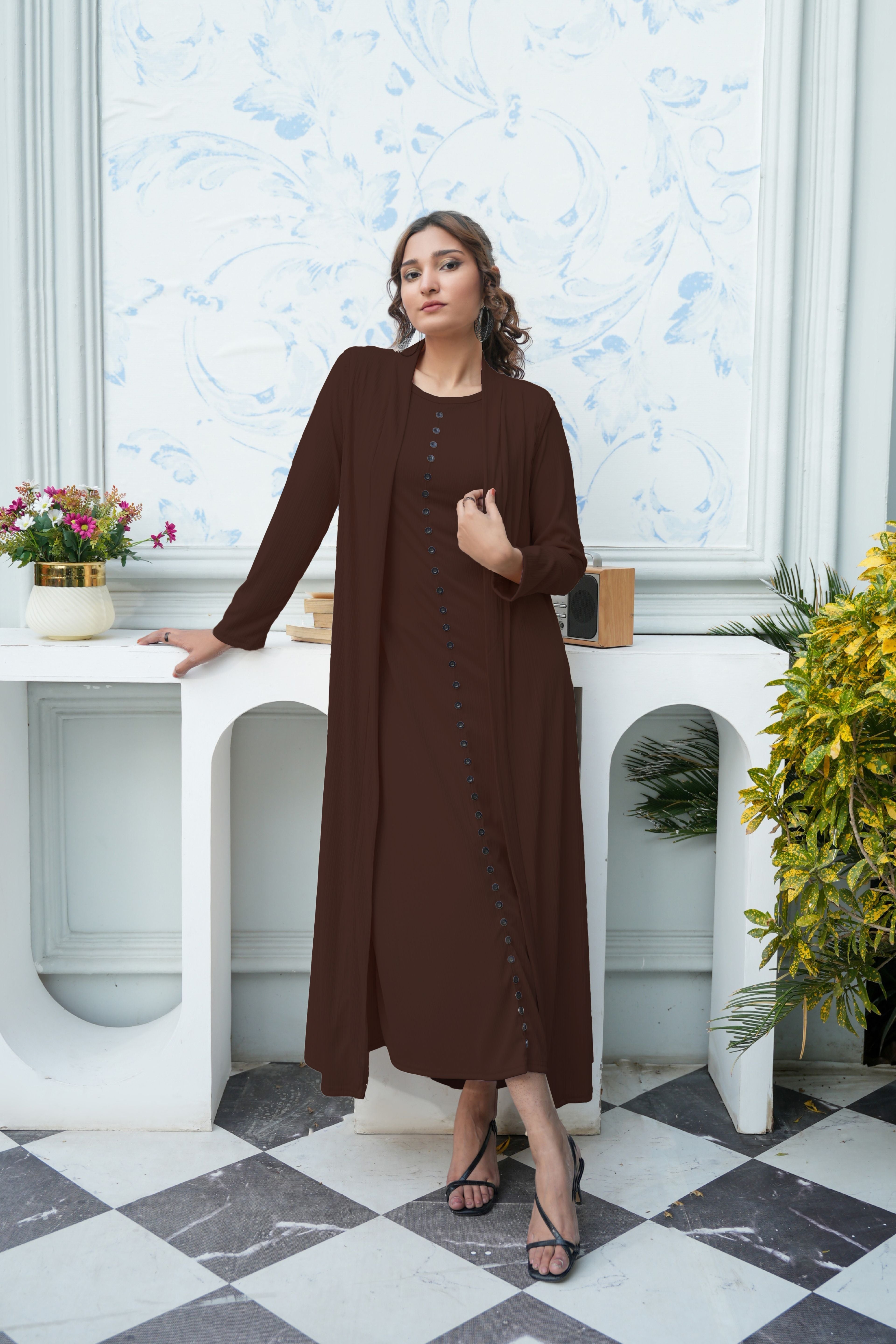 Elegant Ribbed Maxi Dress with Longline Shrug