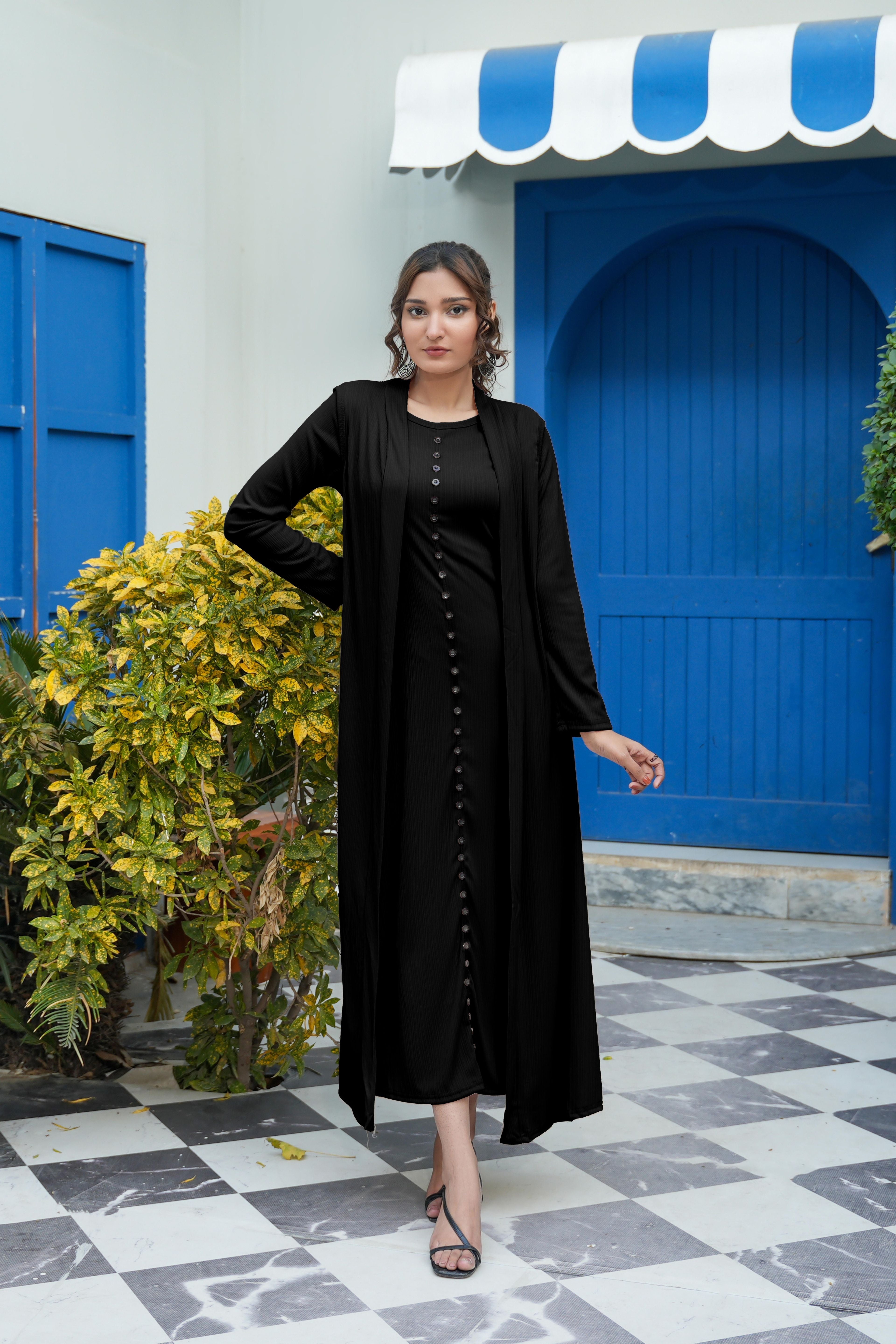 Elegant Ribbed Maxi Dress with Longline Shrug