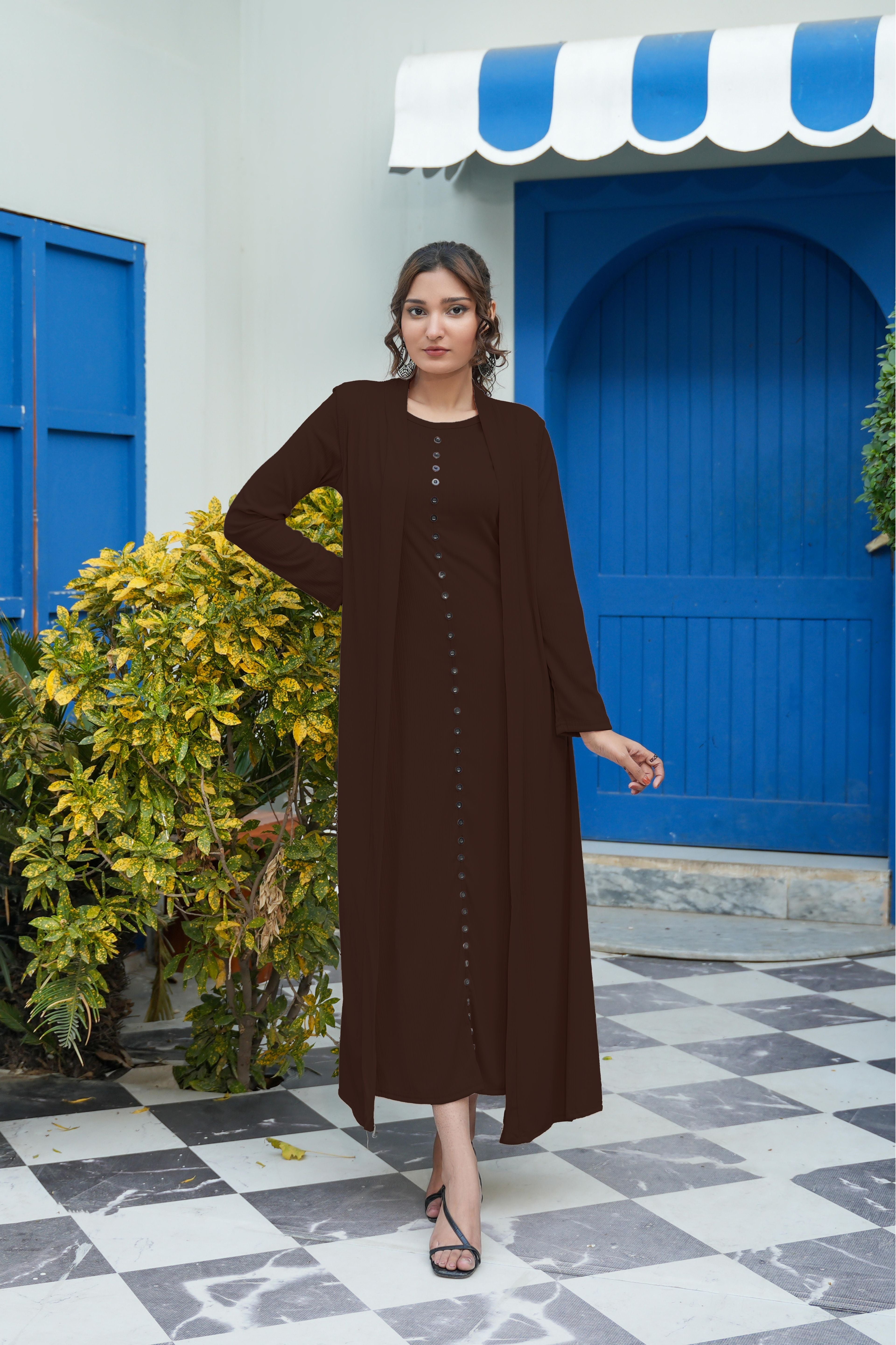 Elegant Ribbed Maxi Dress with Longline Shrug