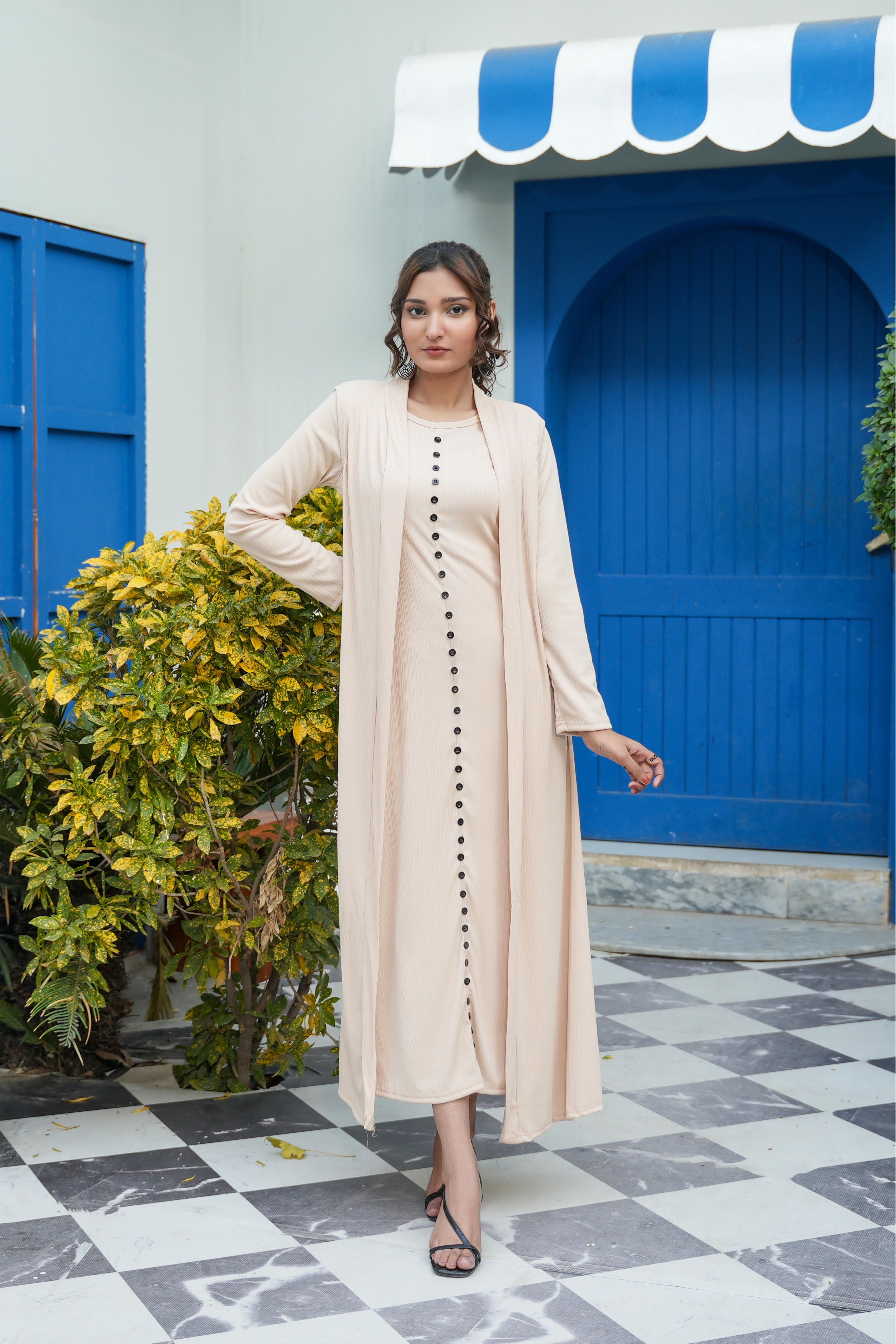 Elegant Ribbed Maxi Dress With Longline Shrug – Cherry Chics