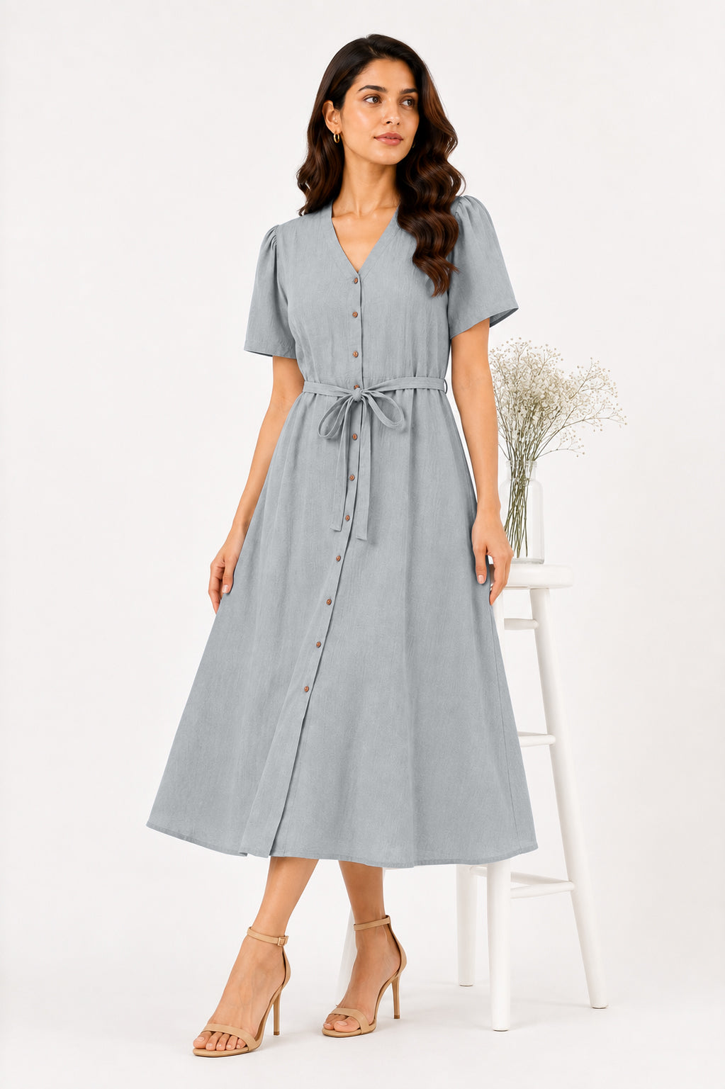 Textured Button-Front Belted Maxi Dress