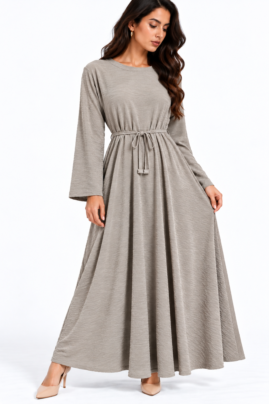 Wave Texture Belted Maxi Dress