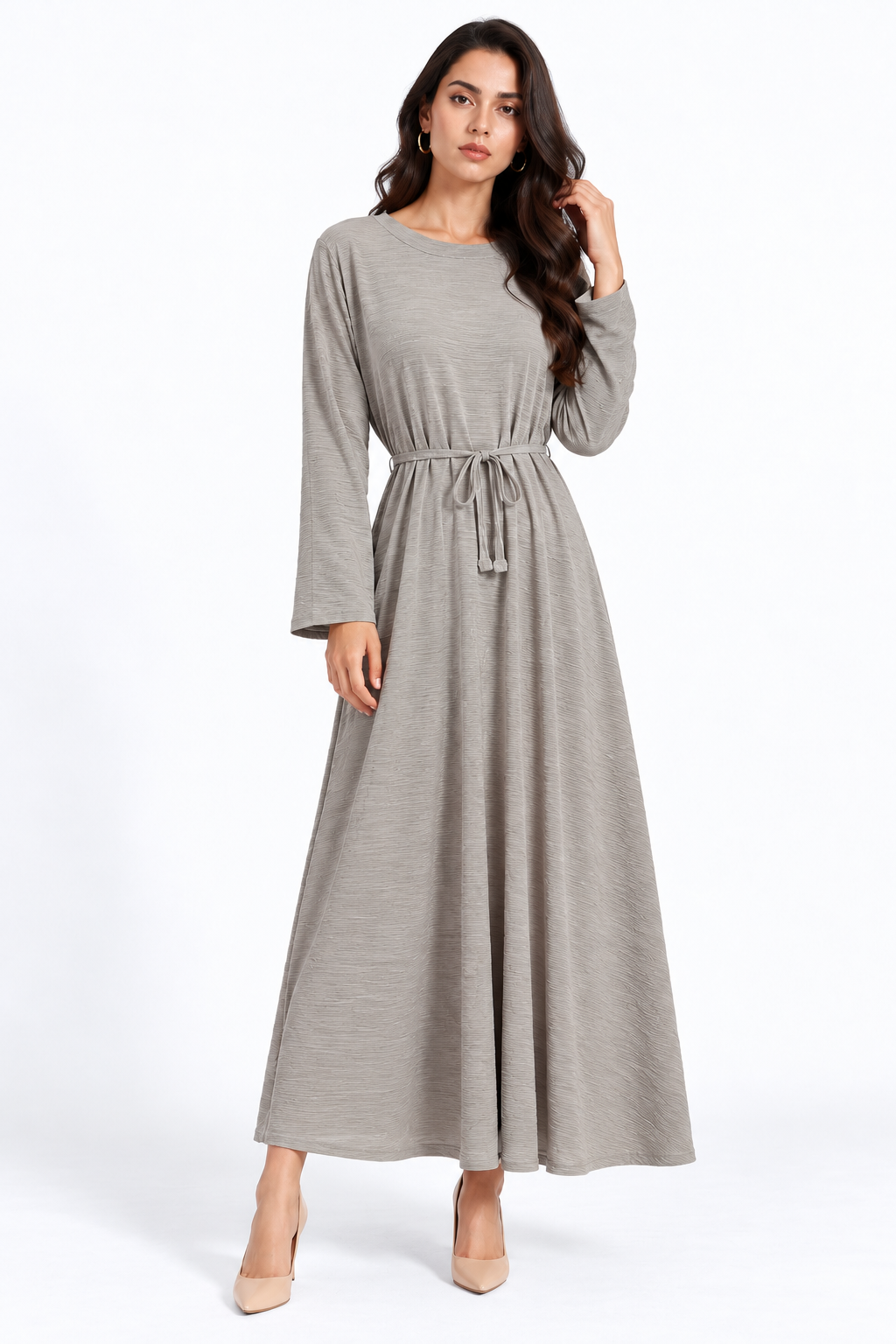 Wave Texture Belted Maxi Dress