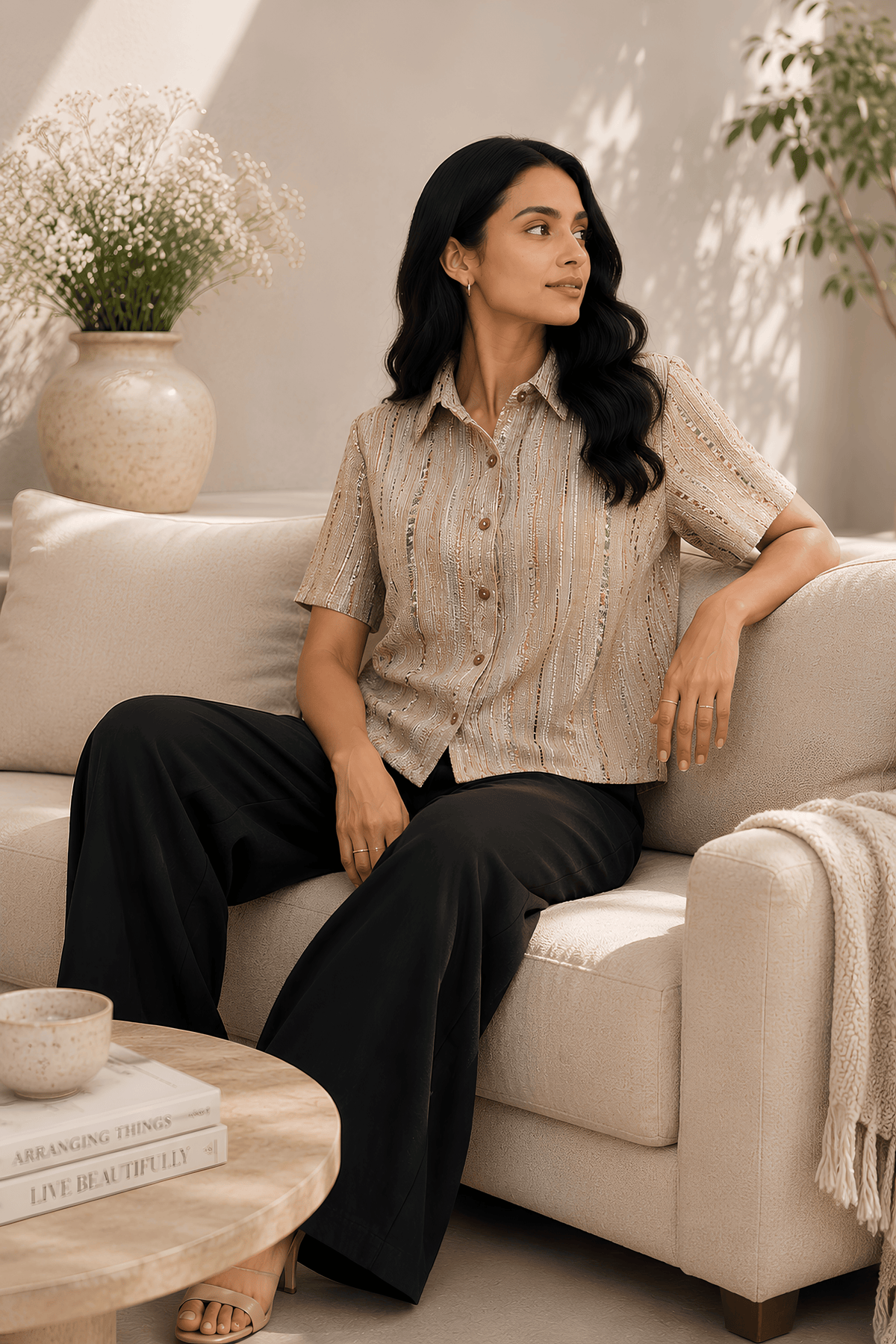 Textured Jacquard Button-Down Casual Top