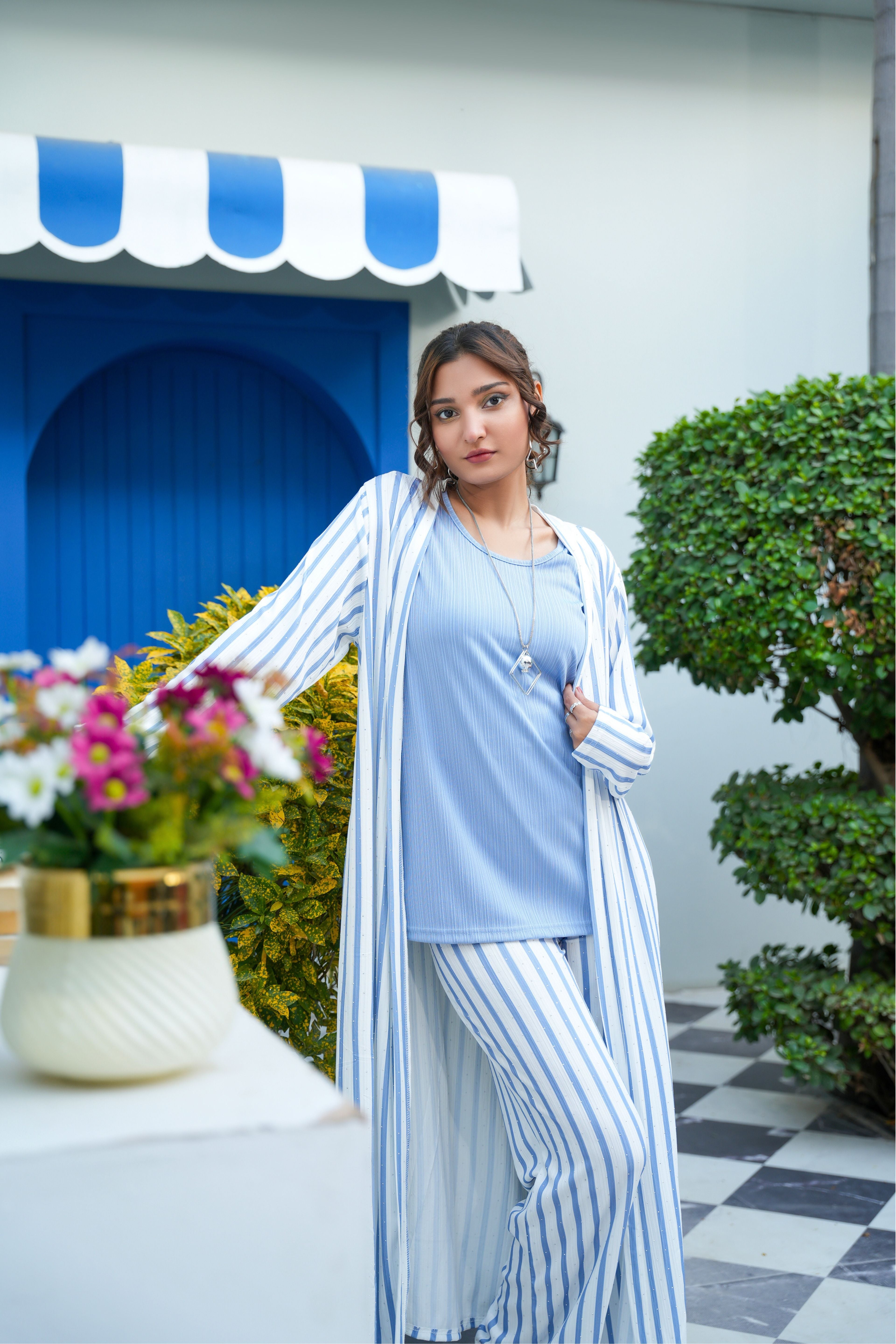 Striped 3-Piece Co-ord Set – Longline Shrug