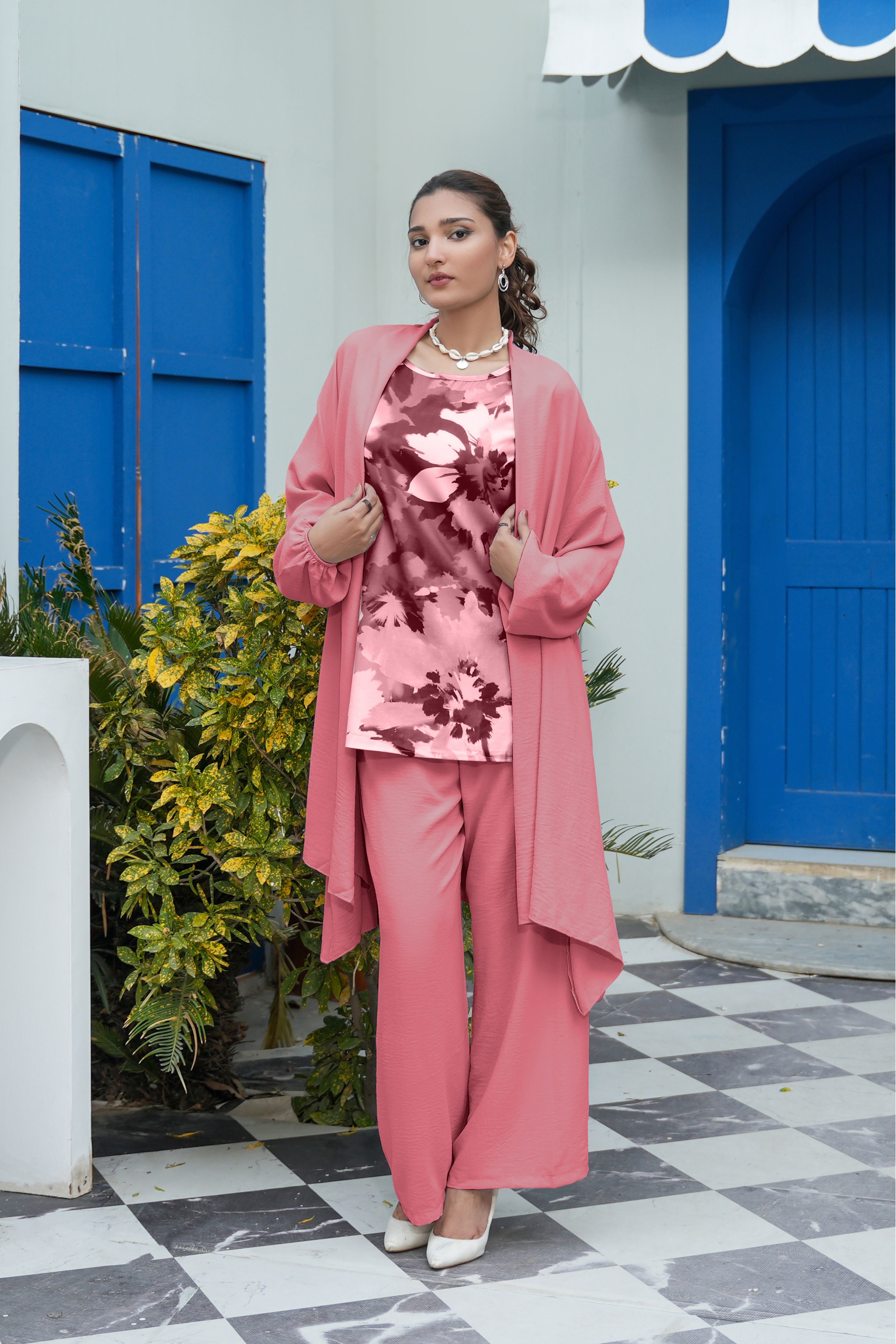 Floral 3-Piece Co-ord Set – Longline Textured Shrug