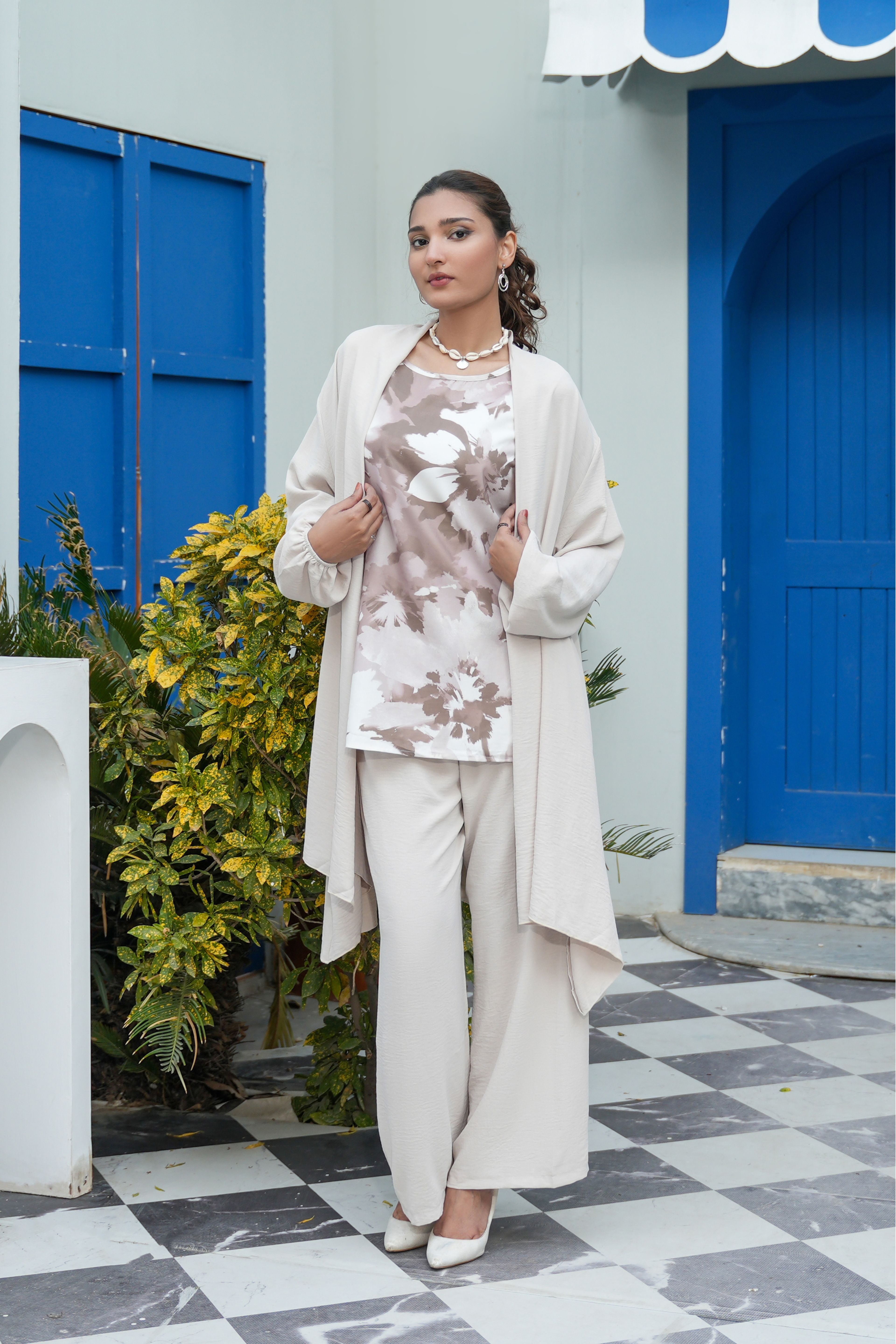 Floral 3-Piece Co-ord Set – Longline Textured Shrug