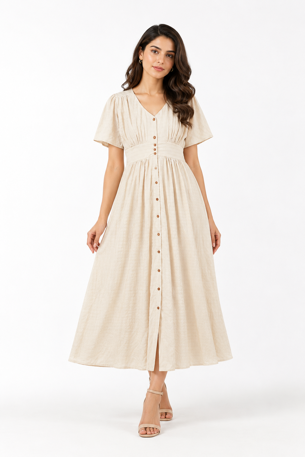Textured V-Neck Smocked Maxi Dress