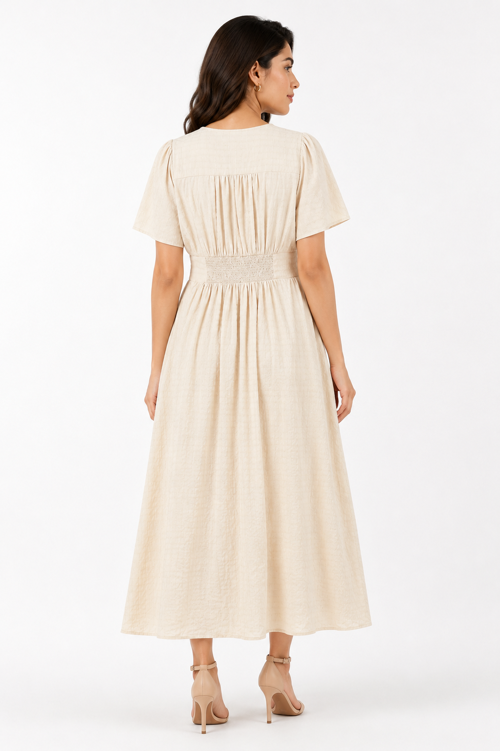 Textured V-Neck Smocked Maxi Dress