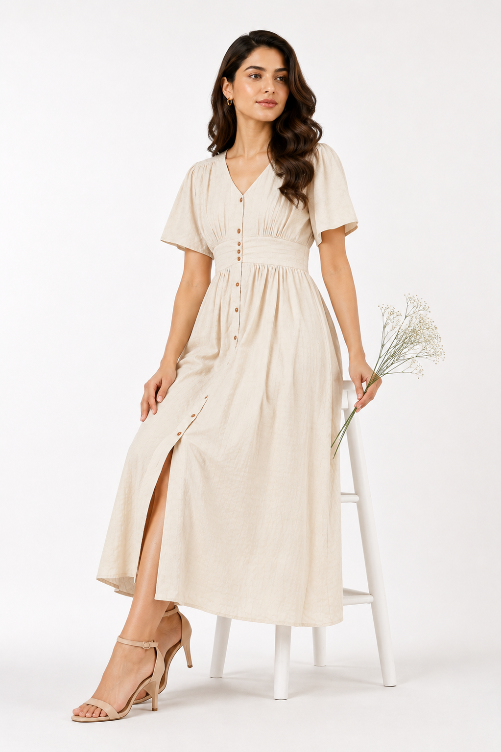 Textured V-Neck Smocked Maxi Dress