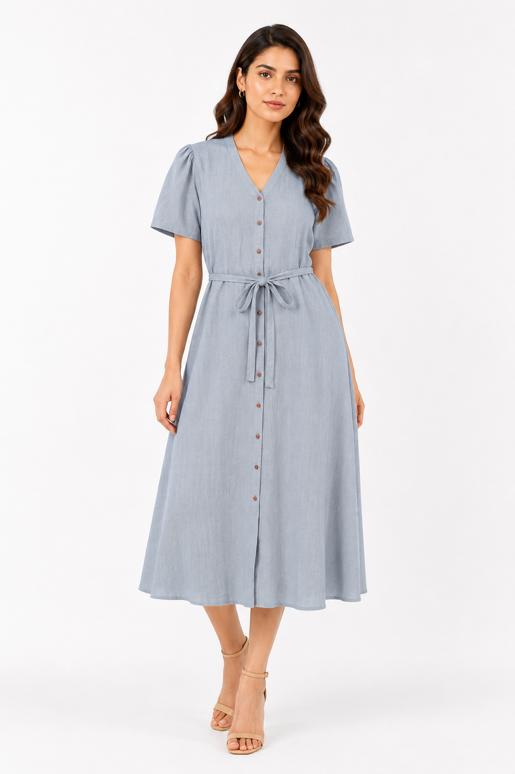 Textured Button-Front Belted Maxi Dress