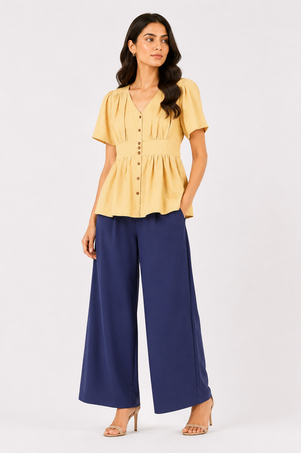 Textured Button-Front V-Neck Blouse