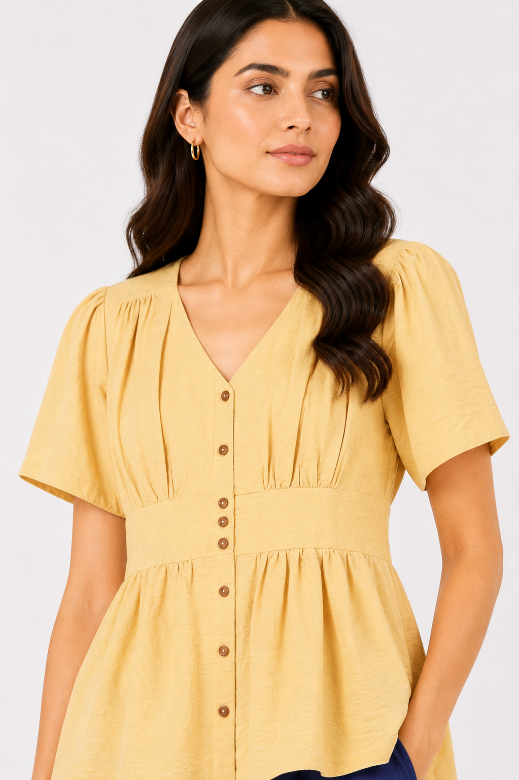 Textured Button-Front V-Neck Blouse