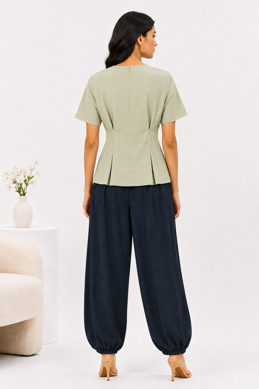 Textured Round Neck Gathered Blouse