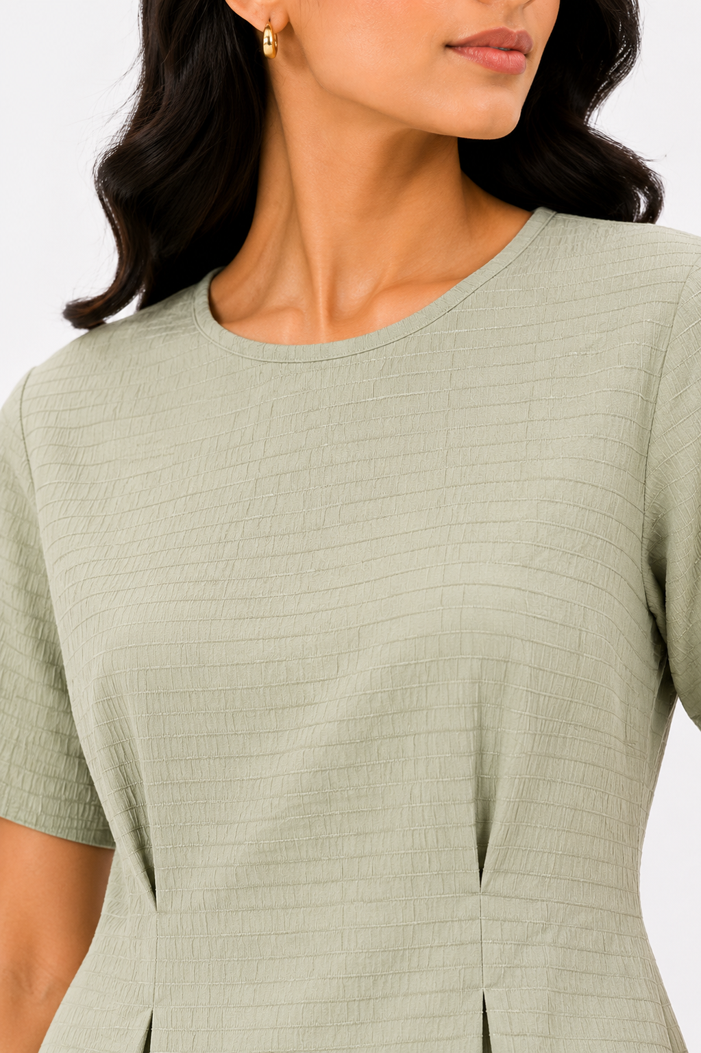 Textured Round Neck Gathered Blouse