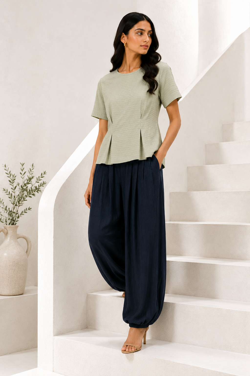 Textured Round Neck Gathered Blouse